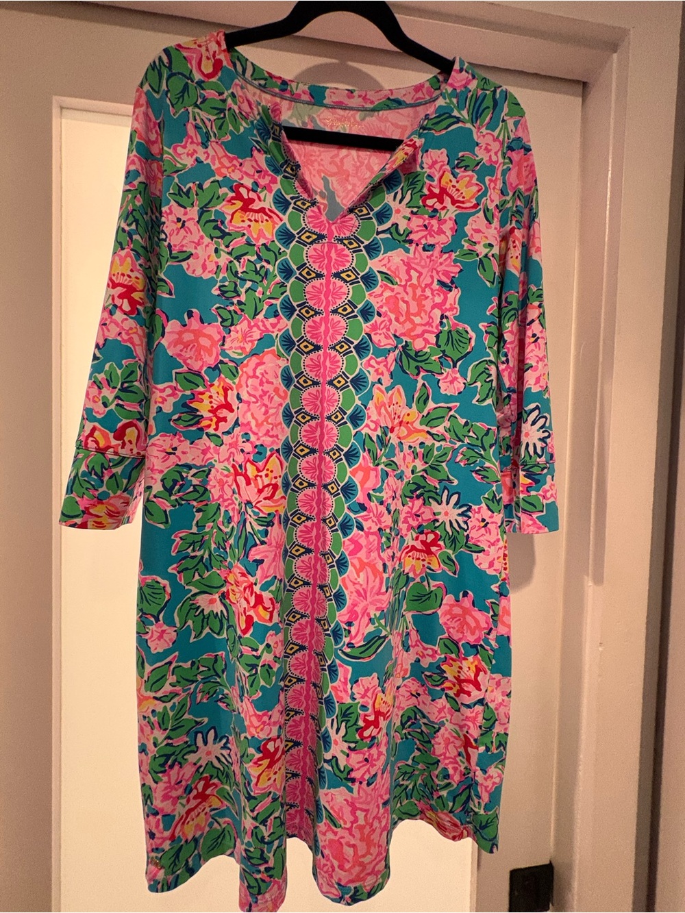 Lilly Pulitzer Teal Shift Dress with Pink & Green Floral Print